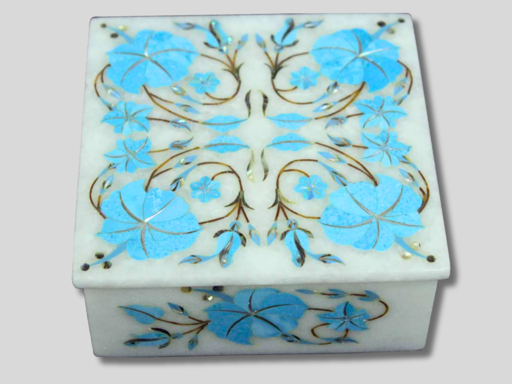 White Marble Turquoise Floral Jewelry Box